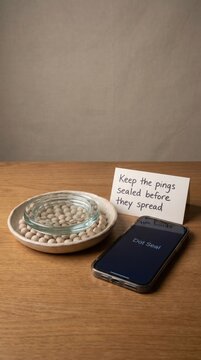 Smartphone with 'Dot Seal' app and handwritten note about Digital Detox on wooden table