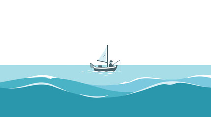 Naklejka premium Solo fisherman on sailboat at sea, calm ocean waves, minimalist illustration