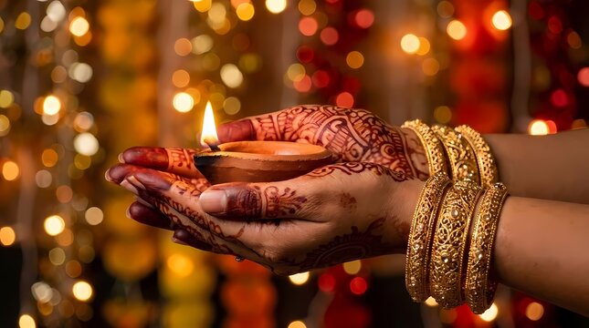 Henna decorated hands holding a lit clay diya lamp.