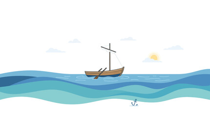 Naklejka premium Small Wooden Boat Sailing on Blue Ocean Waves, Sunny Day, Anchor on Shore