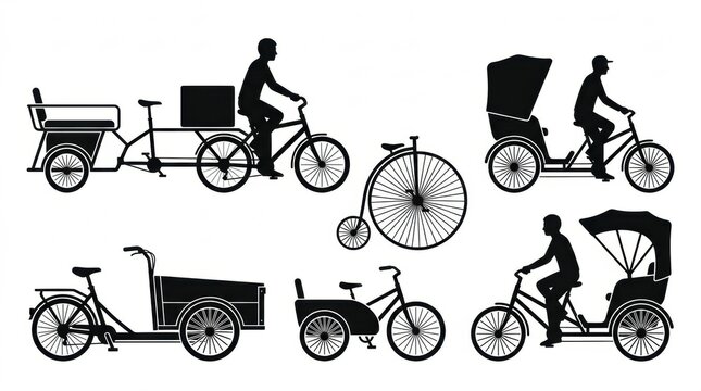 Silhouette illustrations of various bicycle designs with riders and cargo carriers