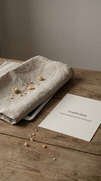Tablet and Cloth with Crumbs on Wooden Table, Embracing Digital Detox and Simple Living