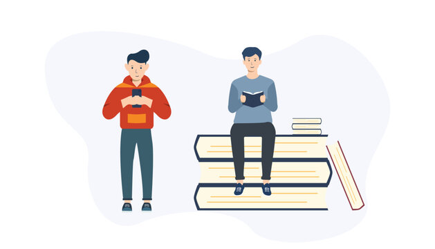 Two men reading book and using smartphone, sitting on stack of books, flat vector illustration