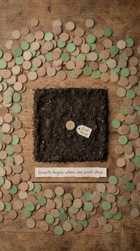 Tiny Seed Planted in Rich Soil Surrounded by Coins, Symbolizing Financial Growth for Low Attention Span