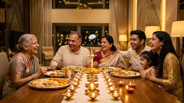 Indian family celebrating Diwali around a dinner table.