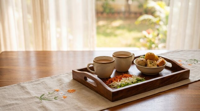 Traditional Tea Tray with Indian Sweets and Refreshments for India's Independence Day Celebration