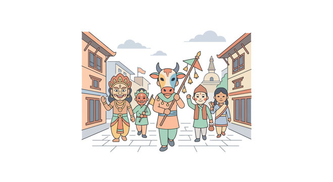 Children Celebrate Gai Jatra Festival with Cow Costume Parade in Nepal