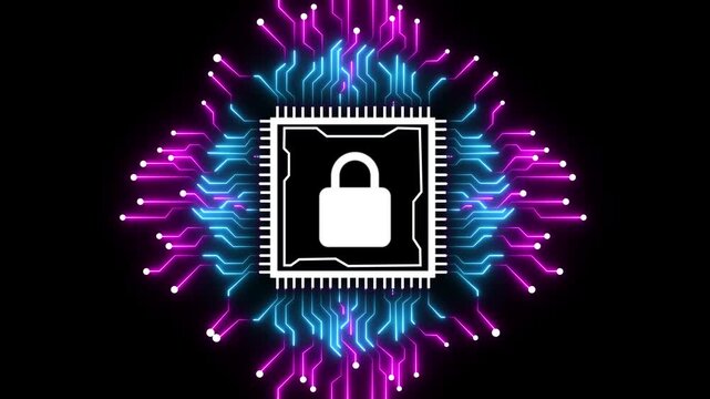 Electronic circuit board with lock icon. Moving electronic circuit animation on black background. lock icon futuristic neon circuit board animated Processor chips background. 4k video