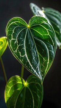 Close-up of a Vibrant Green Anthurium Plant Leaf with Intricate Veining.