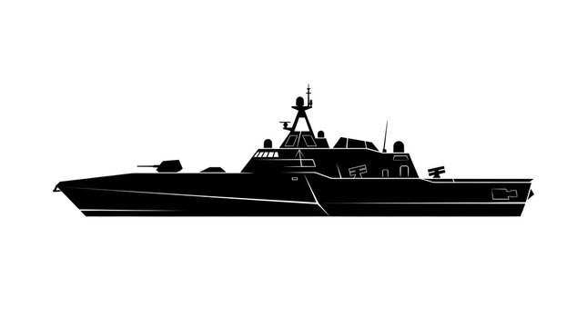 Black silhouette of a modern stealth corvette or naval frigate warship isolated on a white background. Military defense maritime illustration.