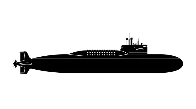 Black silhouette of a modern military nuclear submarine isolated on a white background. Underwater naval warfare and defense vector illustration.