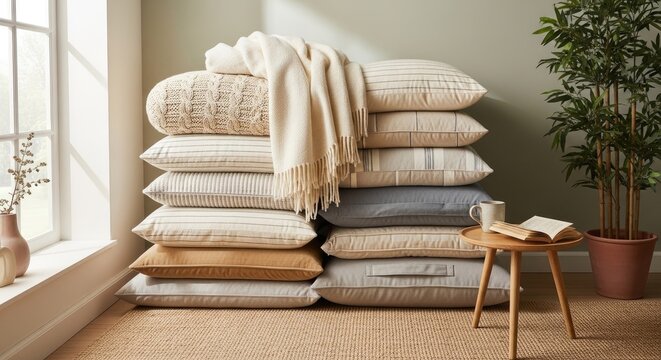 Large stack of pillows and blankets in bright room.