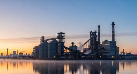 Obraz premium Silhouette of industrial factory complex against evening sky.