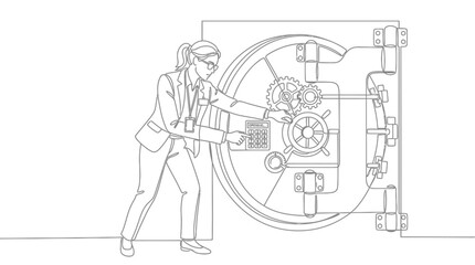 Obraz premium Businesswoman opening vault with gears and keypad, financial security concept