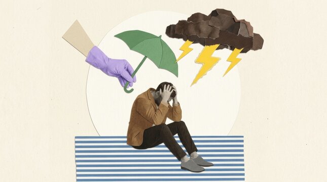 Man sitting under stormy weather with umbrella offered by gloved hand