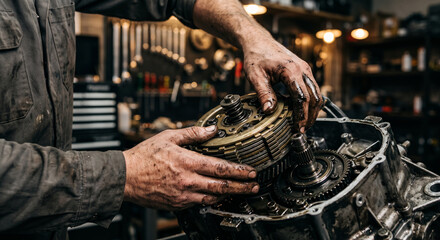 Obraz premium Mechanic working on motorcycle engine clutch assembly in workshop with tools background detail.
