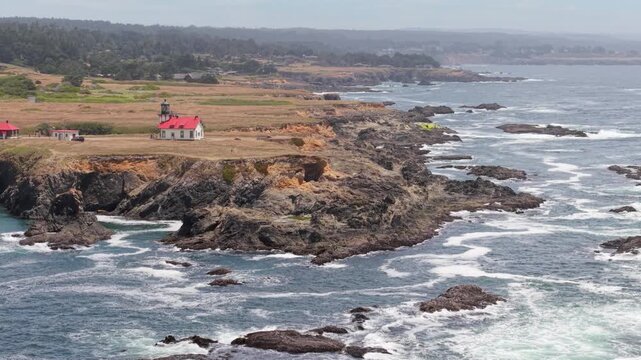 Discover aerial views of Point Cabrillo Lighthouse and the rugged coastline near Mendocino and Fort Bragg in Californias Pacific Ocean