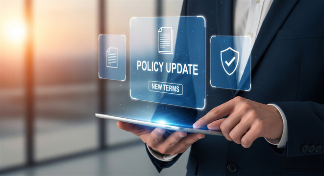 Policy update and new terms concept, businessman holding digital tablet with virtual interface, corporate compliance and regulation management