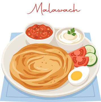 Malawach Plate: A delicious Malawach, a flaky Yemeni flatbread, served with a side of chopped tomato salad, creamy yogurt dip, sliced cucumber, tomato, and a hard-boiled egg.