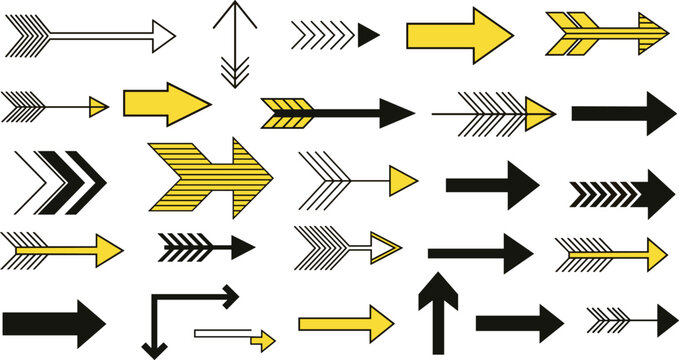 Variety of yellow and black arrow icons for navigation, direction, and design