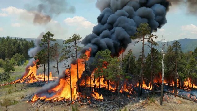 Intense forest fire with massive black smoke and orange flames