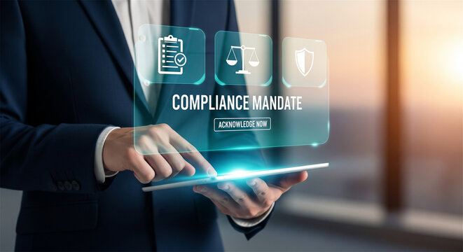 Compliance mandate digital interface, businessman using tablet for corporate regulation, legal policy and security standards