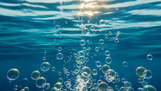 Underwater air bubbles rising toward the sunlit ocean surface