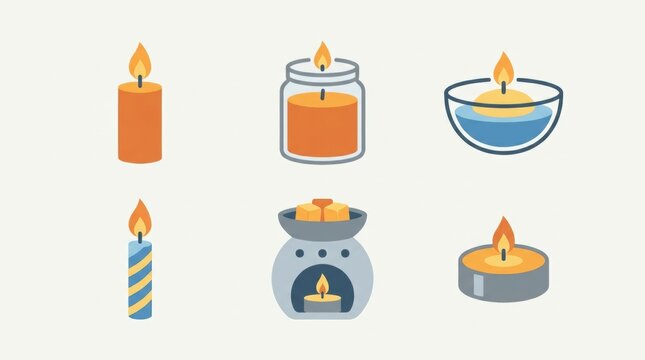 Assorted candles and oil burner illustration set for aromatherapy and relaxation concepts
