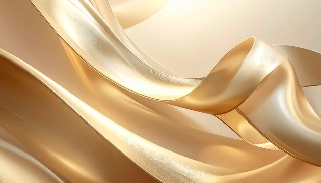 Abstract flowing metallic ribbons in champagne gold with soft luxury lighting, layered elegant satin waves background