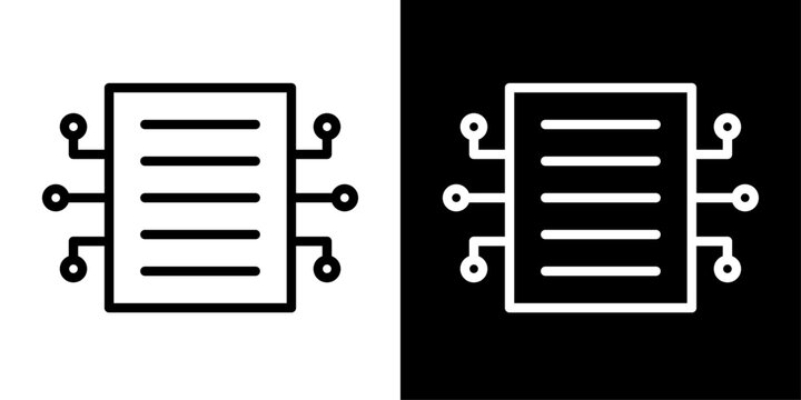Minimal AI Content icon featuring a document with circuit connections. Modern outline vector symbol for AI content creation, writing, automation, and digital publishing.