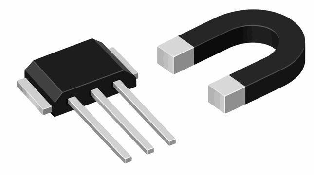 Electronic transistor and horseshoe magnet on white background.