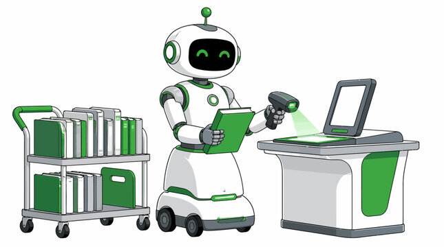 Autonomous service robot scanning books in library or warehouse.