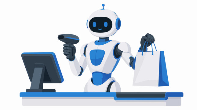 Robot cashier scanning bag at store checkout.