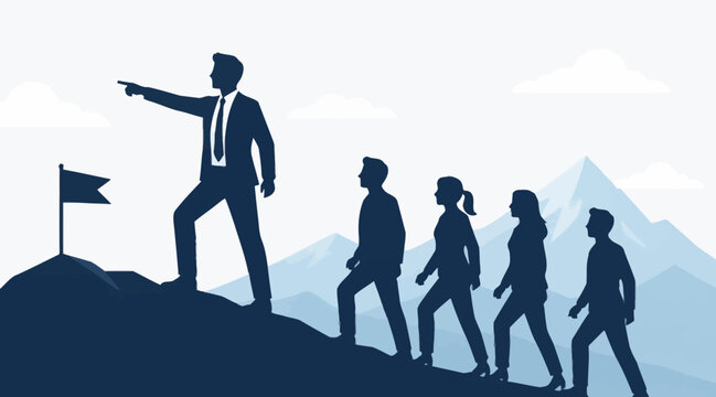 Business team leader points to the flag on a mountain with colleagues following