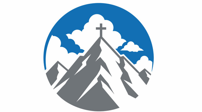 Christian cross on mountain peak with clouds