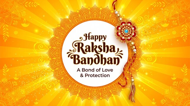 Happy Raksha Bandhan Vector Background with Decorative Rakhi, Elegant Circular Emblem, and Golden Sunburst