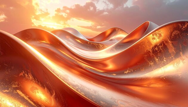 Warm copper metallic flowing curves with brushed metal texture and soft sunset lighting, luxury abstract background