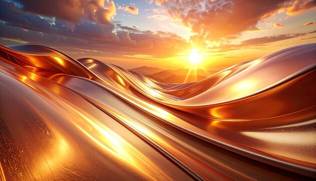 Warm copper metallic flowing curves with brushed metal texture and soft sunset lighting, luxury abstract background