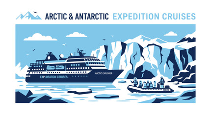Expedition cruise ship navigating icebergs in polar arctic waters. © Penjual
