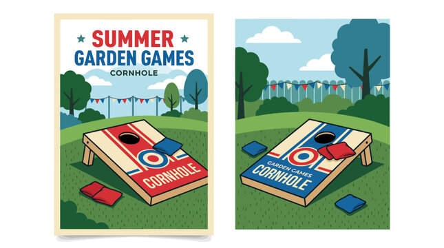 Retro cornhole game posters for summer garden parties.