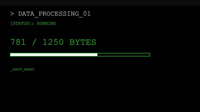 Data processing animation, green progress bar filling up on black background with code text, seamless loop, symbolizing data loading and technology