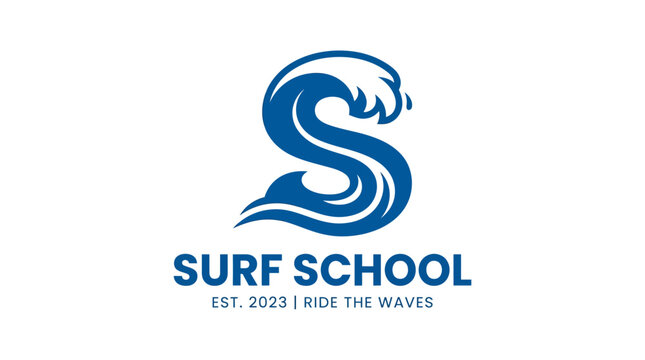 Surf school logo with ocean wave forming letter S.