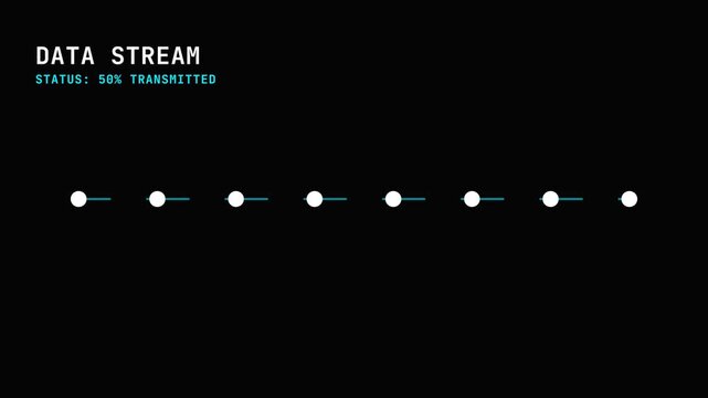 Data transmission progress, digital data stream with progress bar and white dots on a black background, technology and communication concept, symbolizing data transfer and connectivity