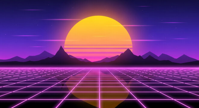 Retro Synthwave Landscape with Glowing Horizon