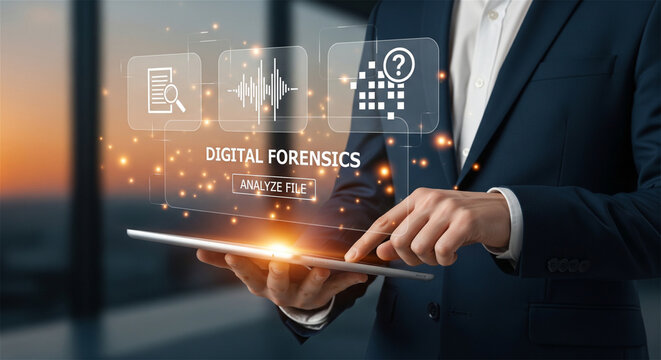 Digital forensics investigator analyzing data on tablet, cyber security expert using virtual interface, forensic science technology for data recovery