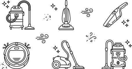 Vacuum cleaner and home appliance line art icon set featuring robotic canister upright and industrial models © Sabbir Studio