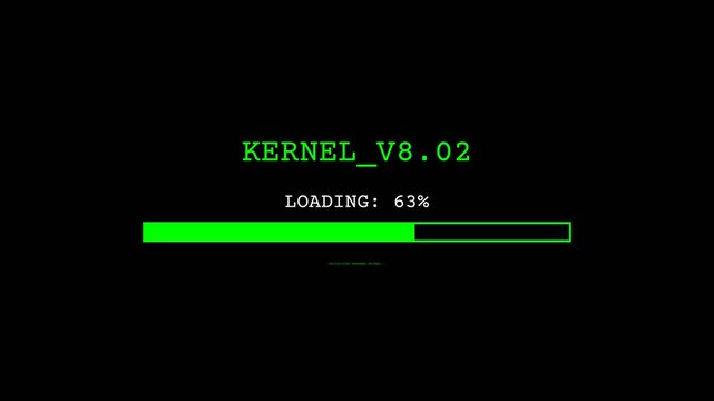 Digital loading bar animation with 'KERNEL_V8.02' text and progress indicator filling up, symbolizing system startup, data processing, and technological advancement