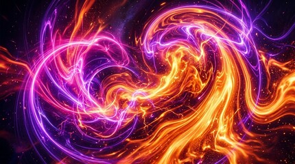 Fototapeta premium Abstract glowing energy swirls of orange and neon purple light with abstract
