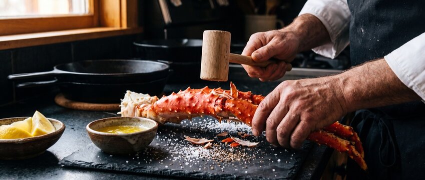 Chef cracks king crab leg with wooden mallet, preparing seafood, culinary artistry, fresh shellfish, restaurant kitchen, delicious meal ingredients, close-up.