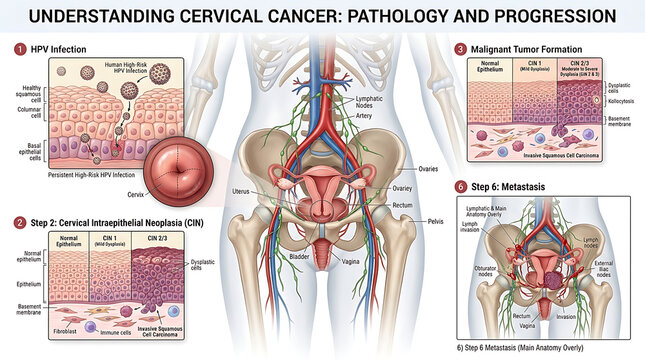 Cervical cancer illustration shows the progression and pathology of cancer cells in the cervix
